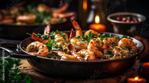 Sea food, cooking shrimp with herbs, on a dark background, horizontal photo, healthy and wholesome food Generative AI