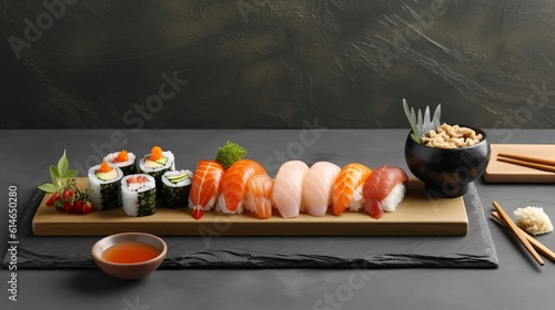Sushi Set sashimi and sushi rolls served on stone slate Generative AI