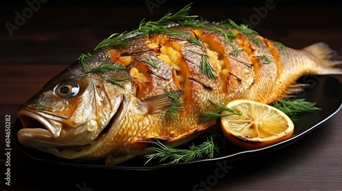 Tasty baked fish on plate on table close-up Generative AI