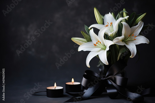 Fotografia Burning candle, white lily flowers and black funeral ribbon on dark background w