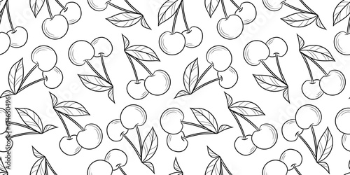 Black and white cherry vector pattern, seamless repeating background with fruits