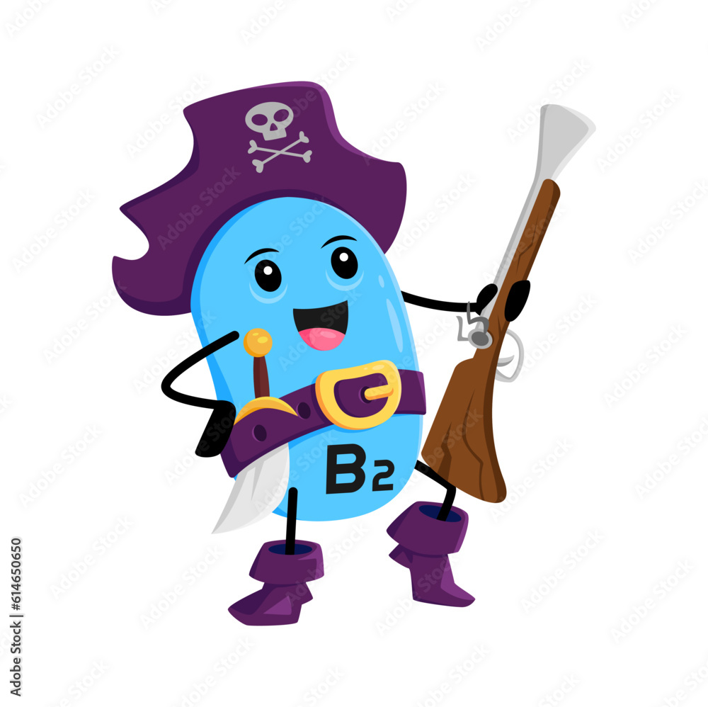 Cartoon B2 riboflavin vitamin and micronutrient pirate or corsair character. Isolated vector brave pill in rover hat with skull and crossbones, belt and footwear standing with gun and saber in hands