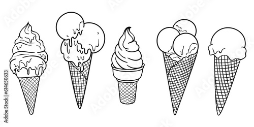 Ice cream vector line art illustration set, ink drawings