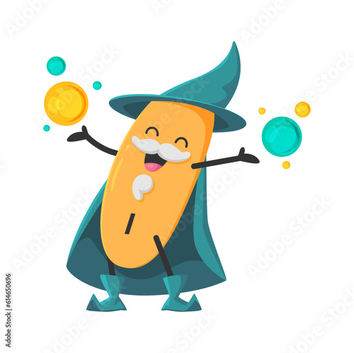 Cartoon iodine mineral micronutrient wizard character. Isolated vector I warlock capsule personage wear witch hat hold magic balls in hands. Funny food supplement wiz, nutrient or element bubble mage