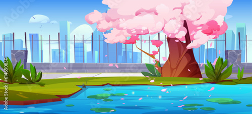 Sakura tree near pond in city park garden with fence vector background. Japanese cherry blossom with pink flower and falling petals at spring town environment landscape. Green waterlily in lake