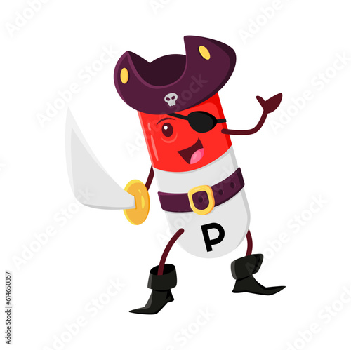Cartoon vitamin and P micronutrient pirate or corsair character. Micronutrient tablet, food supplement capsule or vitamin dragee pirate comical vector personage in tricorn hat, fencing with cutlass