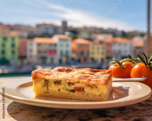 slice of Focaccia di Recco on a colorful plate with a backdrop of a sunny Italian village photo