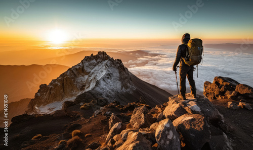 Silhouette of a hiker with trekking poles looking on a mountain at sunset. 