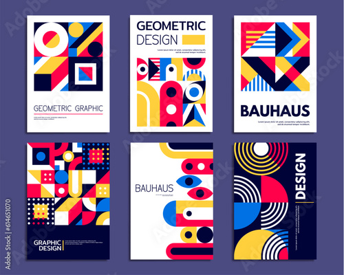 Abstract geometric patterns, bauhaus posters with simple graphic shapes. Vector circles, squares and triangles retro backgrounds with color dots and lines. Geometric shapes and elements banners