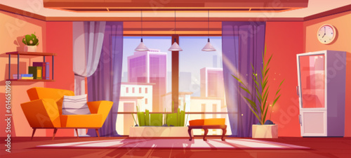 Living room interior with cityview from window cartoon vector background. Modern home design furniture illustration with plant, couch and lamp inside. Lounge armchair scene in urban hotel apartment