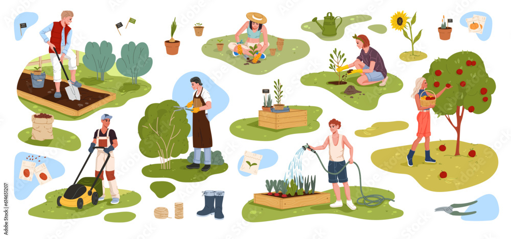 Fototapeta premium Cheerful farmer, gardener and grower cartoon characters set. Vector young woman and man personages planting flowers and watering vegetables, mowing lawn, picking fruits and cutting bushes
