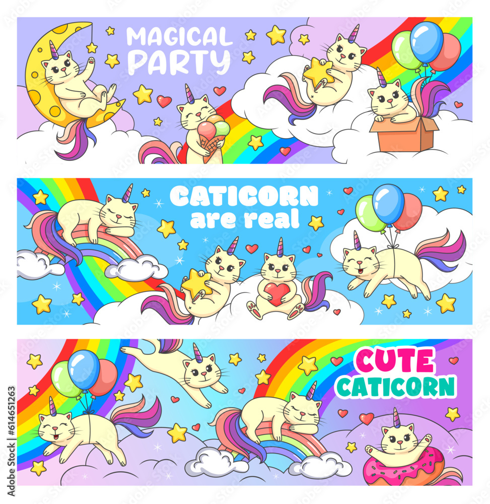 Cartoon cute caticorn cats, kitty characters, rainbow on sky vector banners. Funny unicorn cat personages playing on clouds with rainbow, balloons, box and ice cream, donut floatie, moon and stars Cartoon cute caticorn cats, kitty characters, rainbow on sky vector banners. Funny unicorn cat personages playing on clouds with rainbow, balloons, box and ice cream, donut floatie, moon and stars