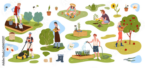 Cheerful farmer, gardener and grower cartoon characters set. Vector young woman and man personages planting flowers and watering vegetables, mowing lawn, picking fruits and cutting bushes