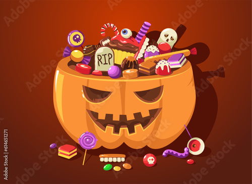 Halloween pumpkin with sweets. Cartoon cute scary basket full of child trick or treat candies for October festival celebration. Vector illustration