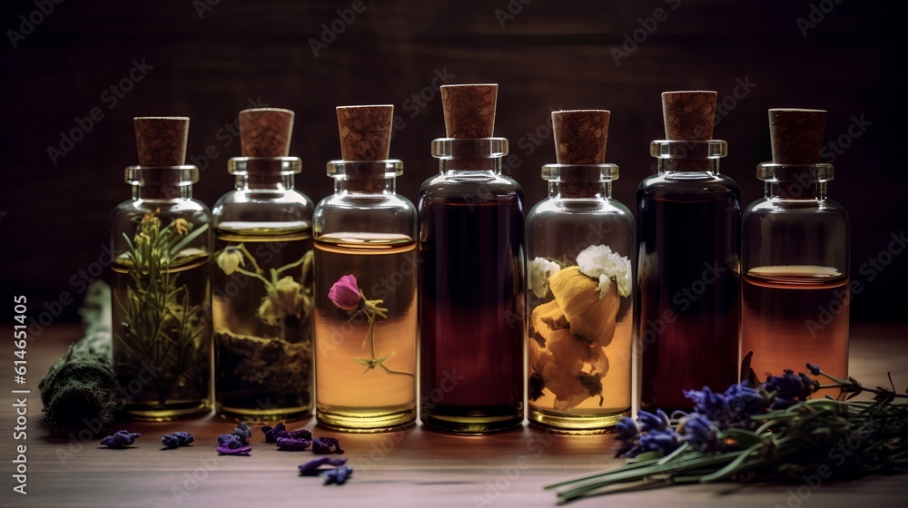 Collection of essential oils. Known for their aromatic properties and various potential health benefits. Concentrated plant extracts used in aromatherapy and natural wellness practices. Generative AI