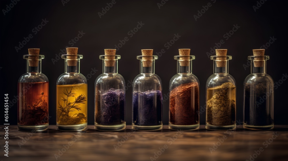 Collection of essential oils. Known for their aromatic properties and various potential health benefits. Concentrated plant extracts used in aromatherapy and natural wellness practices. Generative AI Collection of essential oils. Known for their aromatic properties and various potential health benefits. Concentrated plant extracts used in aromatherapy and natural wellness practices. Generative AI