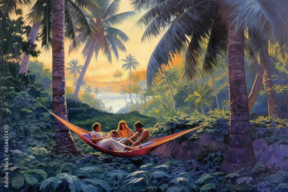 Fototapeta premium A couple relaxing in hammocks under palm trees on a tropical island Generative AI