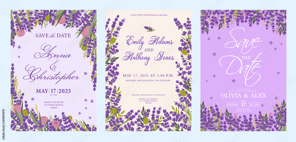Wedding invitation with purple lavender flowers. Floral greeting cards with vector frame borders of spring flowers, garden plants and herbs, lavender, crocus and clover blossoms, leaves and branches