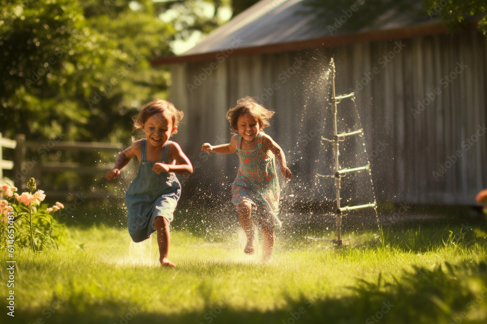 Children running through a sprinkler in their backyard, laughing and ...