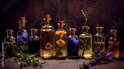 Collection of essential oils. Known for their aromatic properties and various potential health benefits. Concentrated plant extracts used in aromatherapy and natural wellness practices. Generative AI