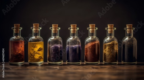 Collection of essential oils. Known for their aromatic properties and various potential health benefits. Concentrated plant extracts used in aromatherapy and natural wellness practices. Generative AI