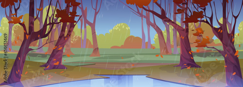 Rainy forest scene in autumn day background scene. Rain puddle in fall woodland park with oak vector landscape. Cold wet weather horizon wallpaper for game adventure. High and lush tree near swamp