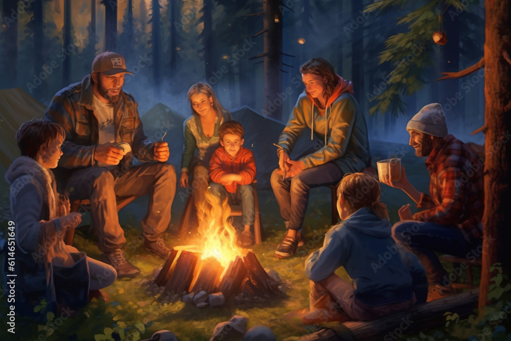 Families camping in a picturesque forest, roasting marshmallows and telling stories around a crackling campfire Generative AI