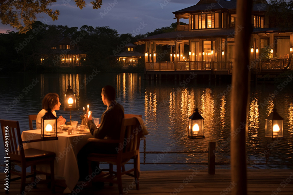Couples enjoying a candlelit dinner on a terrace overlooking a serene lake, surrounded by flickering lanterns and enchanting ambiance Generative AI