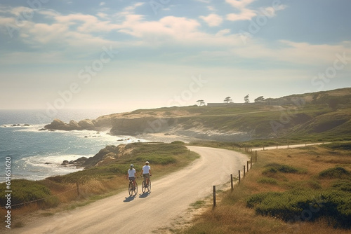 Friends riding bicycles along a scenic coastal path, feeling the gentle breeze and enjoying panoramic ocean views Generative AI