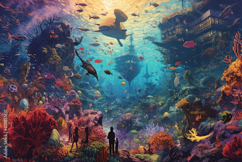 People snorkeling in a vibrant coral reef, encountering colorful fish and marveling at the underwater world Generative AI
