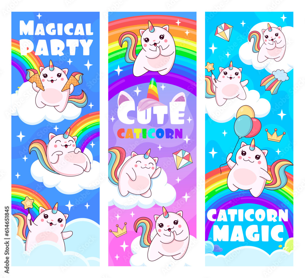 Fototapeta premium Caticorn magical party. Cartoon caticorn cat and kitten characters, rainbow and clouds. Vector vertical banners with cute kawaii fantasy animals, heavenly feline unicorn with wand, balloons, ice cream