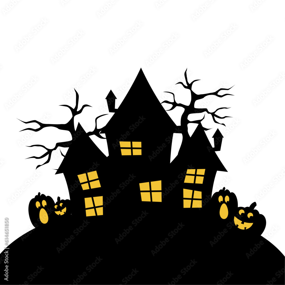 Silhouette background for Halloween with scary panorama of haunted castle residing in cemetery. Design with a transparent background.