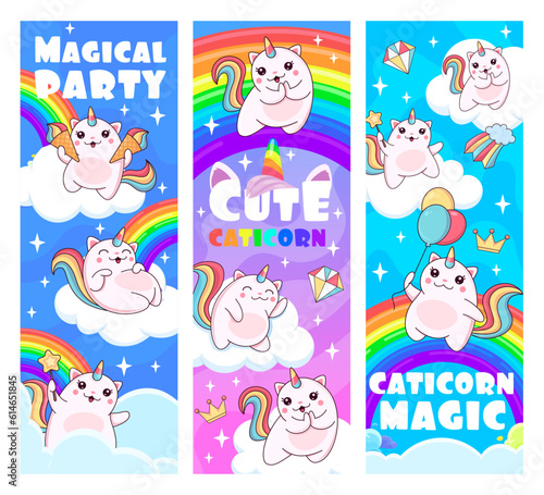 Caticorn magical party. Cartoon caticorn cat and kitten characters, rainbow and clouds. Vector vertical banners with cute kawaii fantasy animals, heavenly feline unicorn with wand, balloons, ice cream
