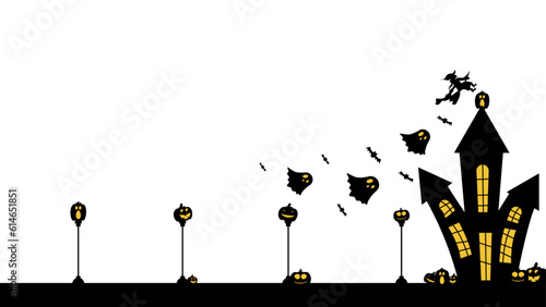 Silhouette background for Halloween with scary panorama of haunted castle residing in cemetery. Design with a transparent background.