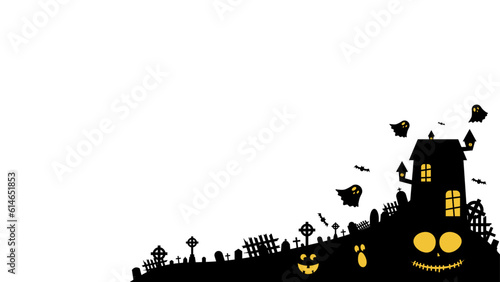 Silhouette background for Halloween with scary panorama of haunted castle residing in cemetery. Design with a transparent background.