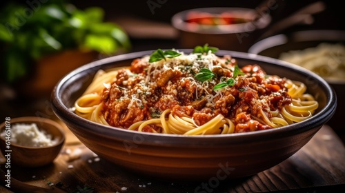 Spaghetti Bolognese served in a rustic ceramic bowl on a wooden table  accompanied by garlic breadsticks