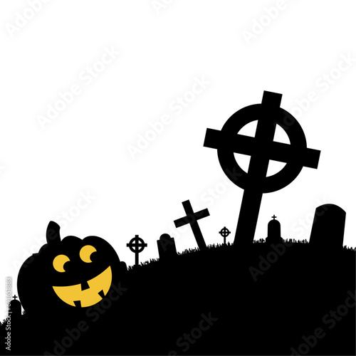 Silhouette background for Halloween with panoramic view of tombstones and pumpkin monster residing in cemetery