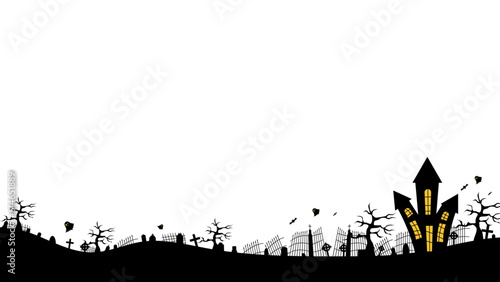 Silhouette background for Halloween with scary panorama of haunted castle residing in cemetery. Design with a transparent background.