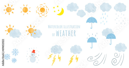 晴れや曇り、雨や雪や雷等、太陽や雲の天気を表す水彩画ラストのセット