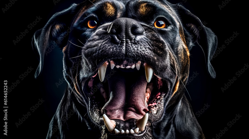 portrait of an aggressive angry black attacking dog, made with Generative AI