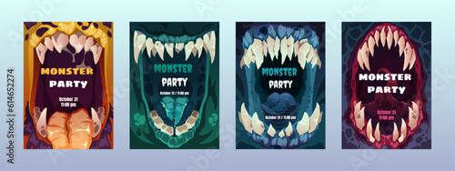 Creepy mouth posters. Cute scary monster lips teeth, colorful comic alien characters emotion for Halloween party invitation cove flyer. Vector set