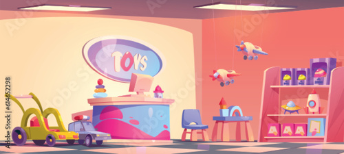 Cartoon toy shop interior with goods and furniture. Vector illustration of police cars, planes, alien ufo, wooden constructor, colorful pyramid for early development on store shelves. Gifts for kids