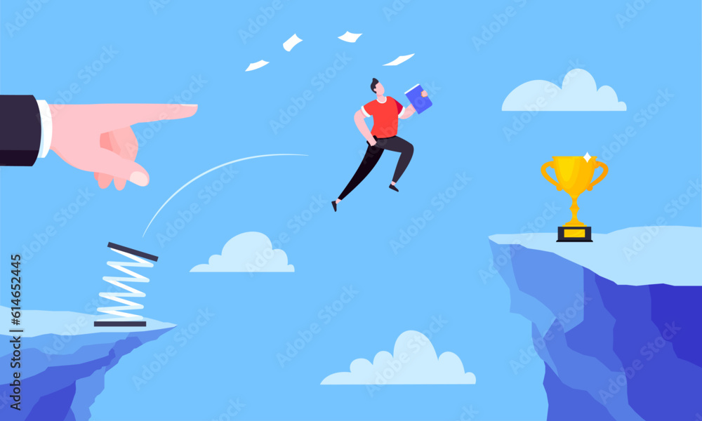 Businessman jumps over the abyss across the cliff flat style design vector illustration. Business concept of fearless businessman with huge courage. Risk, goal achievement and mentoring. Businessman jumps over the abyss across the cliff flat style design vector illustration. Business concept of fearless businessman with huge courage. Risk, goal achievement and mentoring.