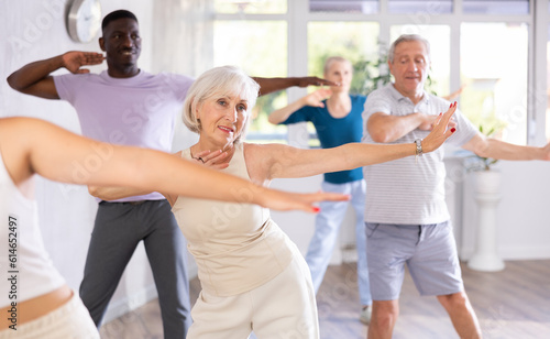 Elderly European woman participate in group dance class. Multinational group of people positively engaged in dance lesson for outdoor enthusiasts.