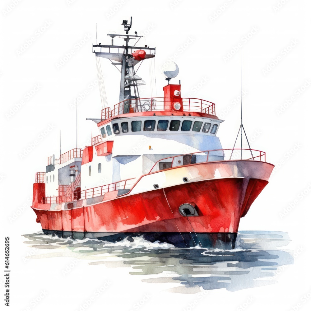 Fototapeta premium Watercolor a ship with red and white color isolated on white background.