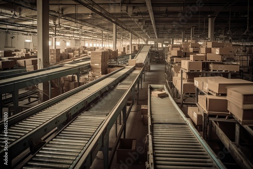 Efficient Logistics: A mesmerizing view of conveyor belts in motion, swiftly sorting parcels with precision and efficiency. Generative Ai