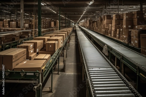 Efficient Logistics: A mesmerizing view of conveyor belts in motion, swiftly sorting parcels with precision and efficiency. Generative Ai © DigitalGenetics