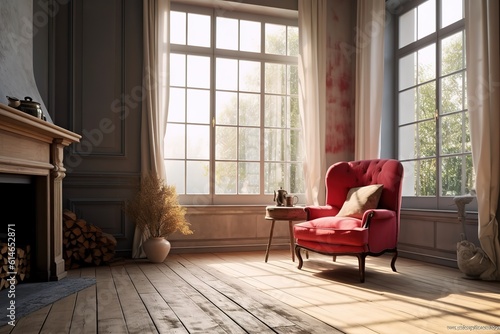 Interior with wooden cabinet and armchair 3d rendering | Trendy room interior with modern colour armchair | Interior with armchair and coffee table 3d rendering, Generative AI