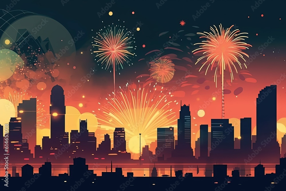 Explosions of Brilliance: A dazzling display of red and blue fireworks sparkle, illuminating the night sky with vibrant bursts of color. Generative Ai