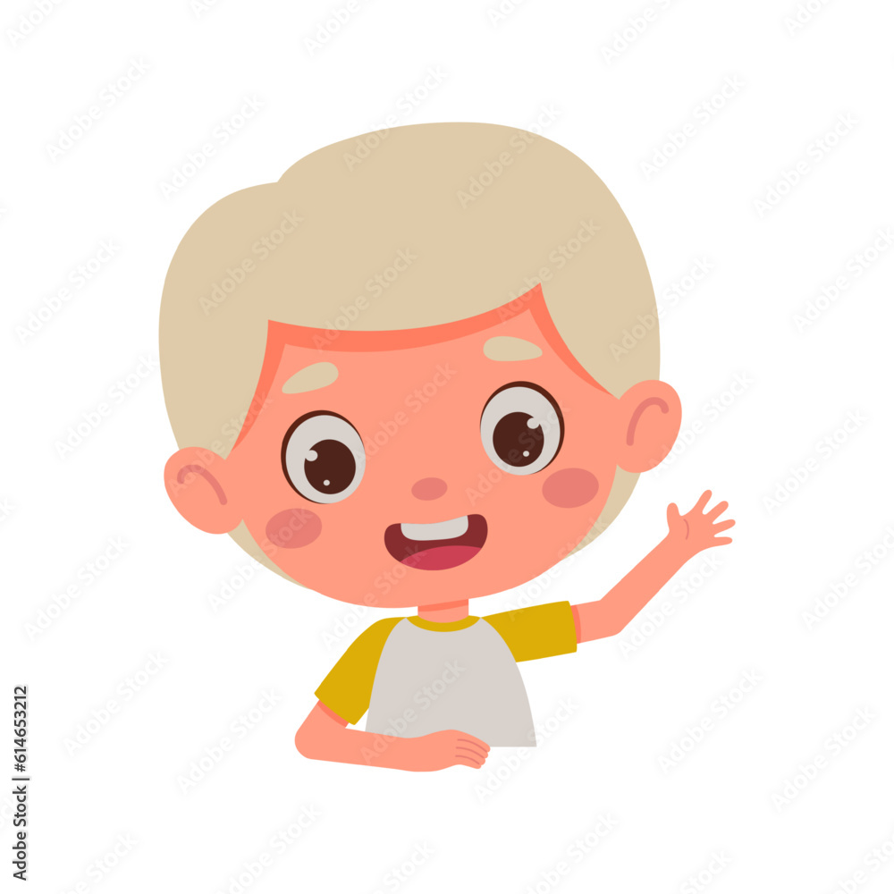 Cute cartoon little boy waving his hand. Little schoolboy character. Template for children design. Vector illustration